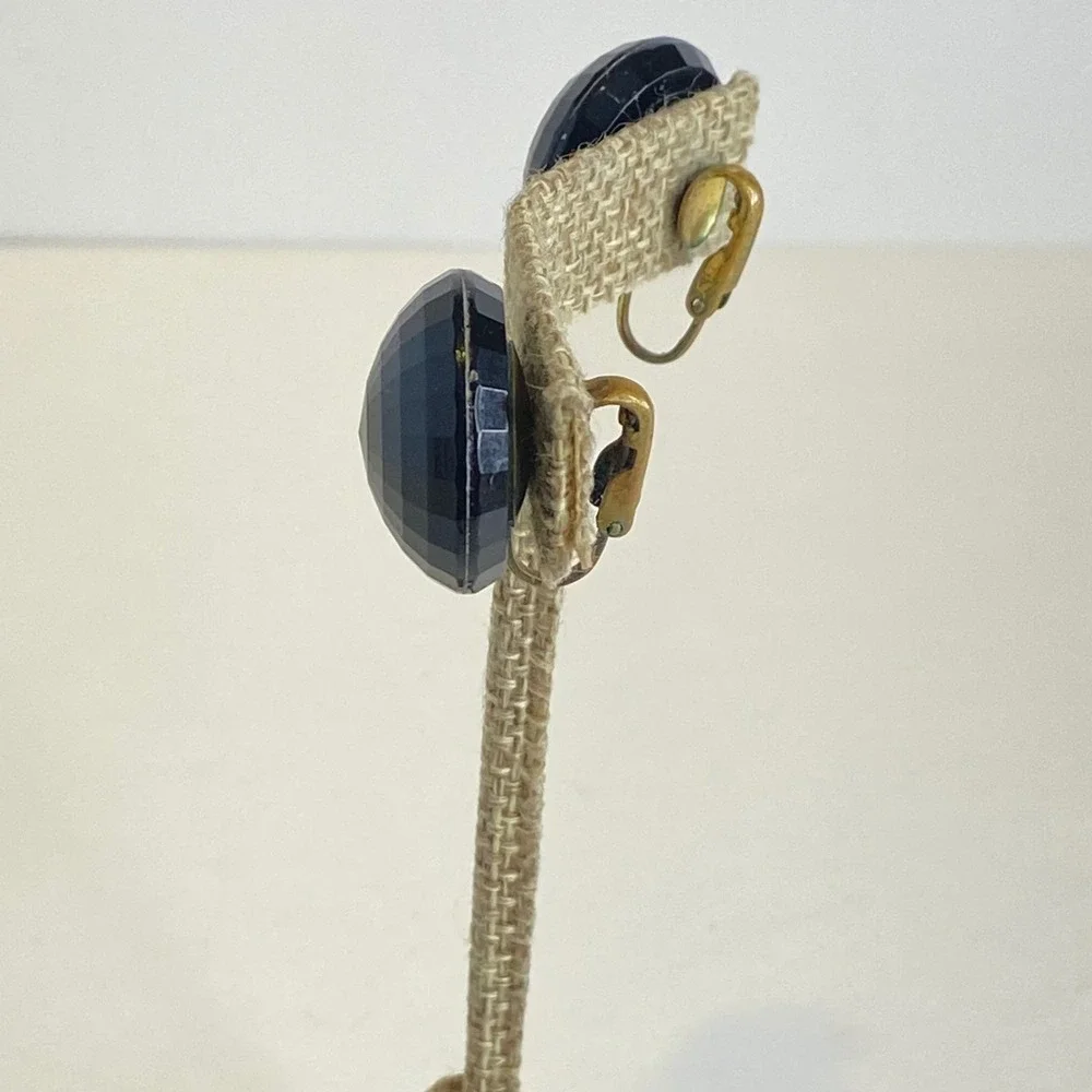 Dalsheim Vintage Black‎ Faceted Lucite Domed Clip On Earrings Brass Tone 0.8